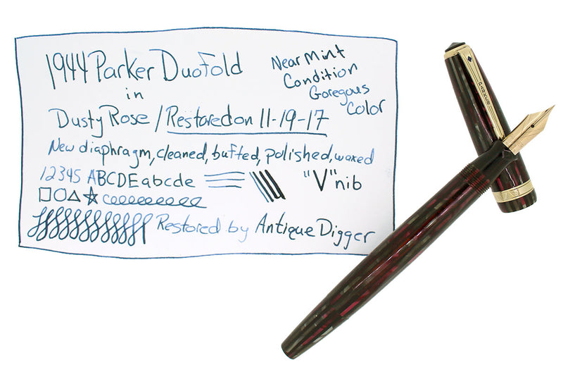 1944 PARKER STRIPED SENIOR DUOFOLD DUSTY ROSE CELLULOID FOUNTAIN PEN RESTORED OFFERED BY ANTIQUE DIGGER