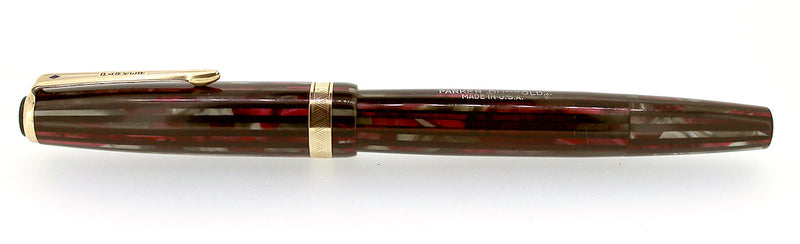 1944 PARKER STRIPED SENIOR DUOFOLD DUSTY ROSE CELLULOID FOUNTAIN PEN RESTORED OFFERED BY ANTIQUE DIGGER