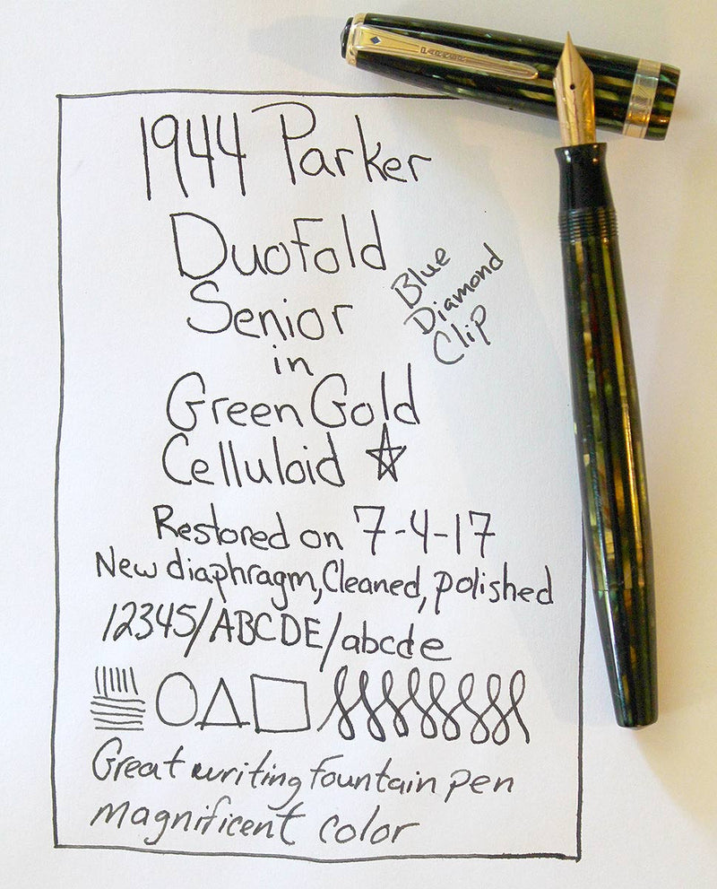 RESTORED 1944 PARKER DUOFOLD SENIOR FOUNTAIN PEN IN THE GREEN GOLD CELLULOID WITH V NIB OFFERED BY ANTIQUE DIGGER