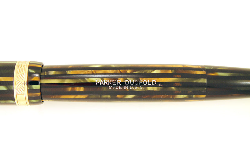RESTORED 1944 PARKER DUOFOLD SENIOR FOUNTAIN PEN IN THE GREEN GOLD CELLULOID WITH V NIB OFFERED BY ANTIQUE DIGGER