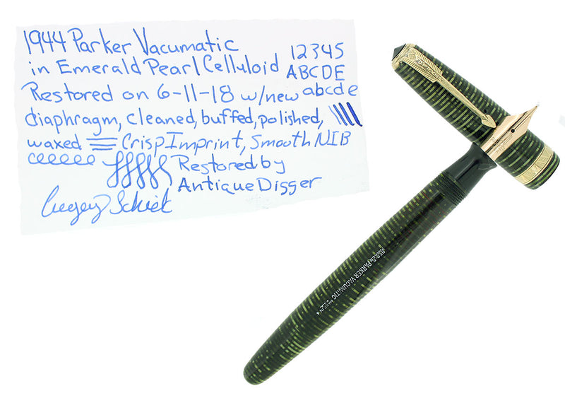 1944 PARKER EMERALD PEARL VACUMATIC MAJOR FOUNTAIN PEN GORGEOUS COLOR RESTORED OFFERED BY ANTIQUE DIGGER