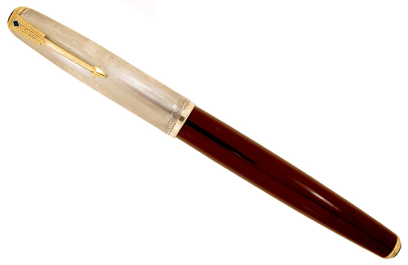 1944 PARKER 51 STERLING CAP DOUBLE JEWEL FOUNTAIN PEN IN CORDOVAN BROWN RESTORED OFFERED BY ANTIQUE DIGGER