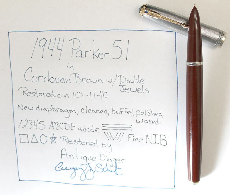 1944 PARKER 51 STERLING CAP DOUBLE JEWEL FOUNTAIN PEN IN CORDOVAN BROWN RESTORED OFFERED BY ANTIQUE DIGGER