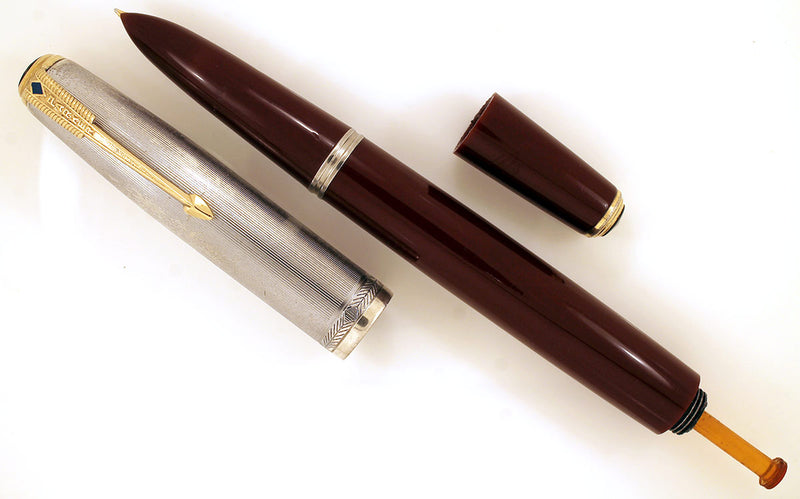 1944 PARKER 51 STERLING CAP DOUBLE JEWEL FOUNTAIN PEN IN CORDOVAN BROWN RESTORED OFFERED BY ANTIQUE DIGGER