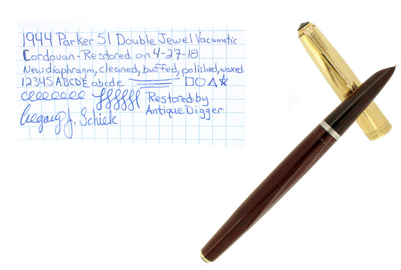 RESTORED 1944 PARKER 51 DOUBLE JEWEL WITH 1/10 16K GOLD FILLED CAP FOUNTAIN PEN IN CORDOVAN BROWN OFFERED BY ANTIQUE DIGGER