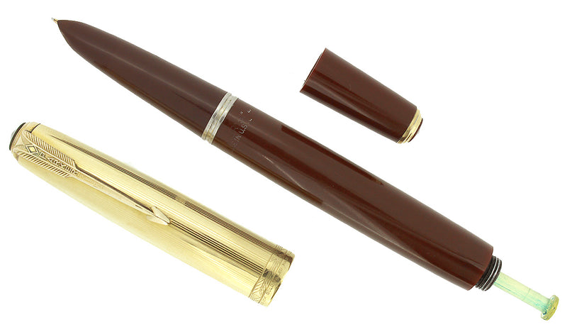 RESTORED 1944 PARKER 51 DOUBLE JEWEL WITH 1/10 16K GOLD FILLED CAP FOUNTAIN PEN IN CORDOVAN BROWN OFFERED BY ANTIQUE DIGGER