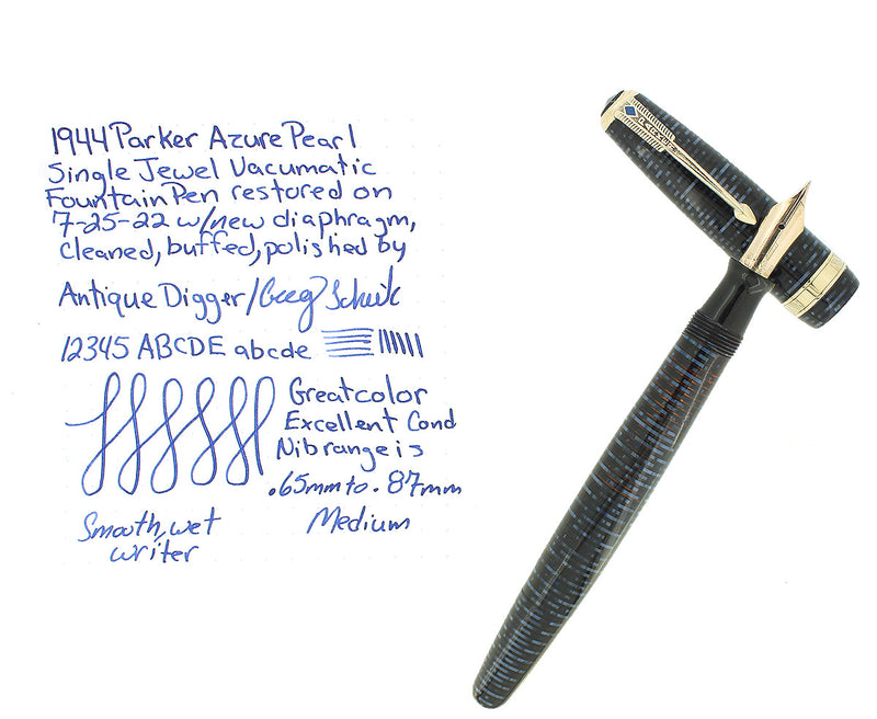 1944 PARKER BLUE AZURE PEARL VACUMATIC MAJOR FOUNTAIN PEN RESTORED OFFERED BY ANTIQUE DIGGER