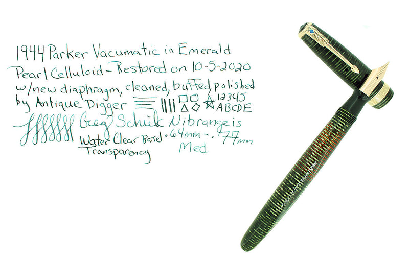 1944 PARKER EMERALD PEARL VACUMATIC MED 14K NIB FOUNTAIN PEN RESTORED EXCELLENT OFFERED BY ANTIQUE DIGGER