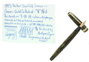 RESTORED 1945 PARKER SENIOR DUOFOLD GREEN GOLD CELLULOID FOUNTAIN PEN V NIB RESTORED OFFERED BY ANTIQUE DIGGER