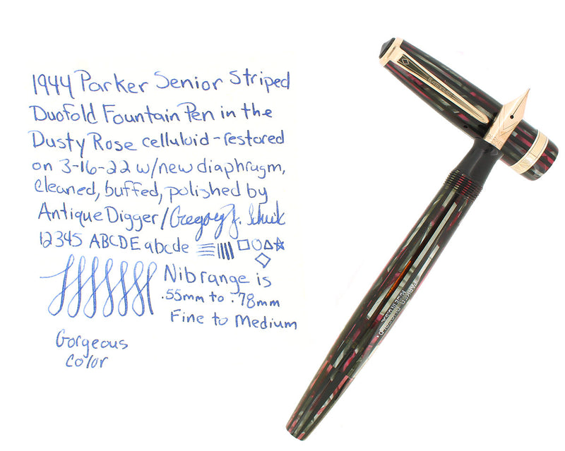 1944 PARKER STRIPED DUOFOLD SENIOR DUSTY ROSE BLUE DIAMOND FOUNTAIN PEN RESTORED OFFERED BY ANTIQUE DIGGER