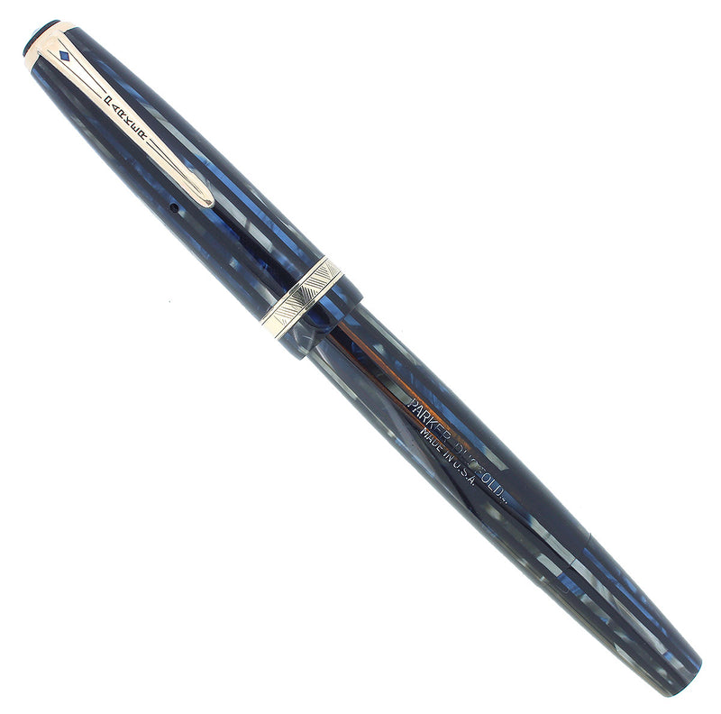 1944 PARKER BLUE GRAY STRIPED DUOFOLD SENIOR BLUE DIAMOND FOUNTAIN PEN RESTORED OFFERED BY ANTIQUE DIGGER
