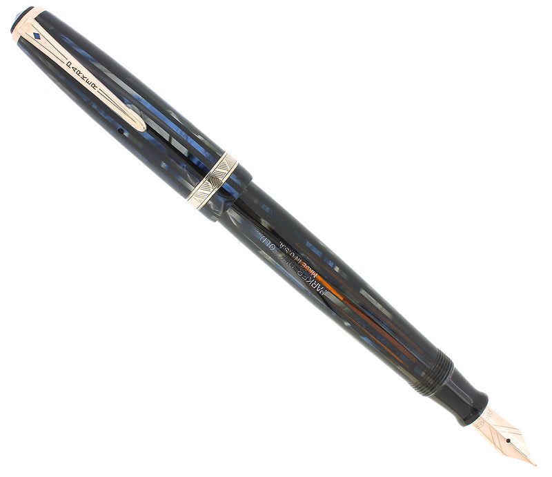 1944 PARKER BLUE GRAY STRIPED DUOFOLD SENIOR BLUE DIAMOND FOUNTAIN PEN RESTORED OFFERED BY ANTIQUE DIGGER