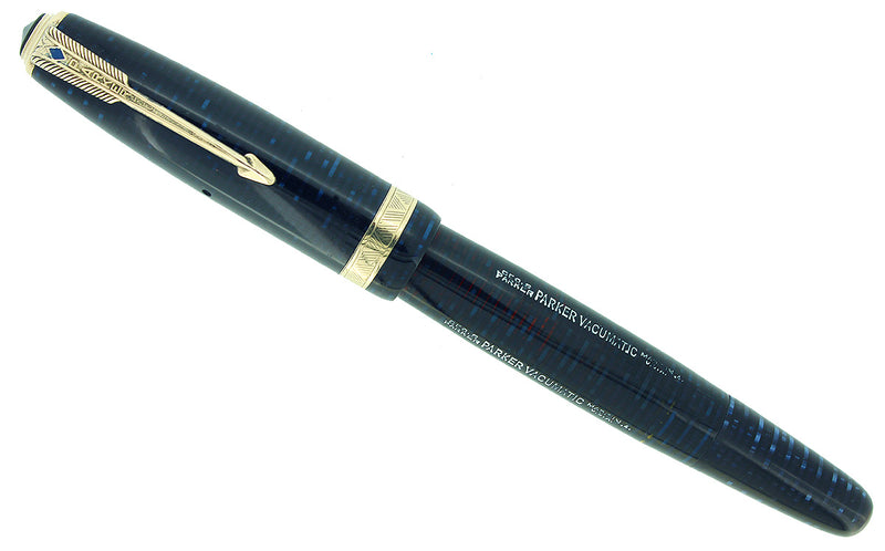 1944 PARKER VACUMATIC AZURE PEARL DOUBLE IMPRINT ERROR FOUNTAIN PEN RESTORED OFFERED BY ANTIQUE DIGGER