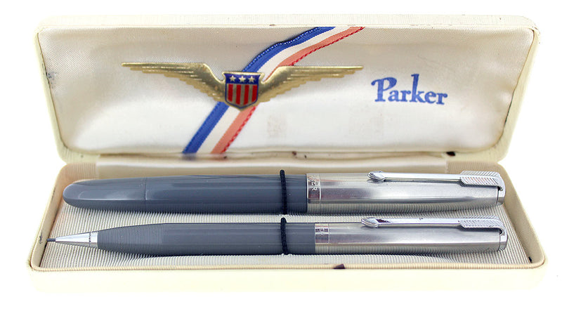 1945 PARKER 51 VACUMATIC DOVE GRAY FOUNTAIN PEN & PENCIL SET WITH BOX RESTORED OFFERED BY ANTIQUE DIGGER