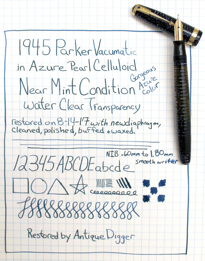 1945 PARKER AZURE PEARL VACUMATIC MAJOR FOUNTAIN PEN M to BBB FLEX NIB RESTORED OFFERED BY ANTIQUE DIGGER