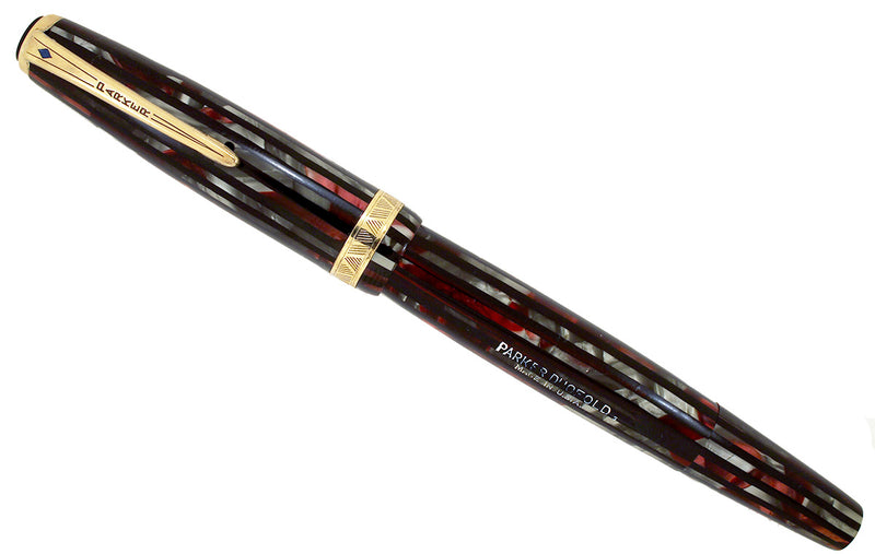 1945 PARKER STRIPED SENIOR DUOFOLD DUSTY ROSE CELLULOID FOUNTAIN PEN RESTORED OFFERED BY ANTIQUE DIGGER