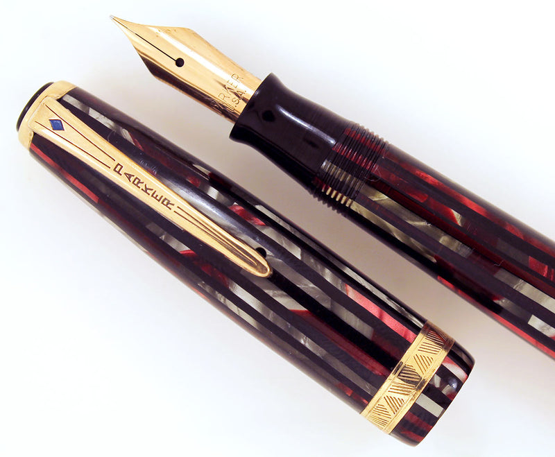 1945 PARKER STRIPED SENIOR DUOFOLD DUSTY ROSE CELLULOID FOUNTAIN PEN RESTORED OFFERED BY ANTIQUE DIGGER