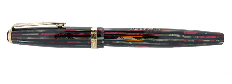 1945 PARKER STRIPED SENIOR DUOFOLD DUSTY ROSE CELLULOID FOUNTAIN PEN IN RESTORED CONDITION OFFERED BY ANTIQUE DIGGER