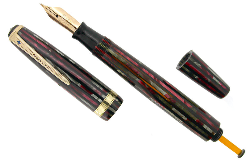 1945 PARKER STRIPED SENIOR DUOFOLD DUSTY ROSE CELLULOID FOUNTAIN PEN IN RESTORED CONDITION OFFERED BY ANTIQUE DIGGER