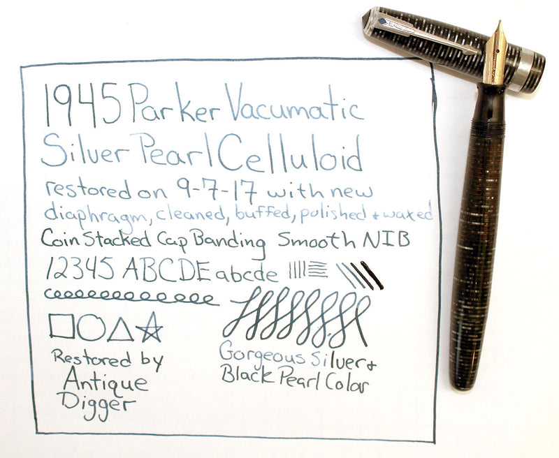 1945 PARKER SILVER PEARL VACUMATIC MAJOR FOUNTAIN PEN COIN STACKED JEWELERS BAND RESTORED OFFERED BY ANTIQUE DIGGER