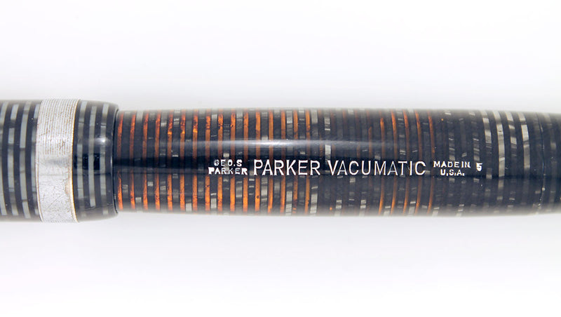1945 PARKER SILVER PEARL VACUMATIC MAJOR FOUNTAIN PEN COIN STACKED JEWELERS BAND RESTORED OFFERED BY ANTIQUE DIGGER