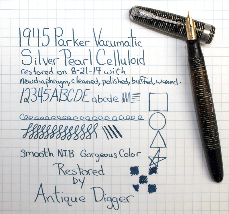 1945 PARKER SILVER PEARL VACUMATIC MAJOR FOUNTAIN PEN M to BB FLEX NIB RESTORED OFFERED BY ANTIQUE DIGGER