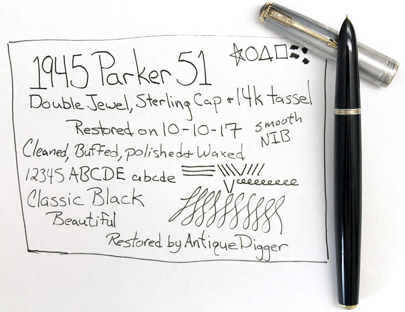 1945 PARKER 51 DOUBLE JEWEL FOUNTAIN PEN WITH STERLING CAP AND 14K BLIND CAP TASSEL IN RESTORED CONDITION OFFERED BY ANTIQUE DIGGER