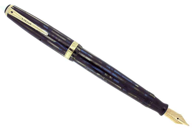 RESTORED 1945 PARKER DUOFOLD SENIOR FOUNTAIN PEN IN BLUE GRAY CELLULOID WITH V NIB OFFERED BY ANTIQUE DIGGER