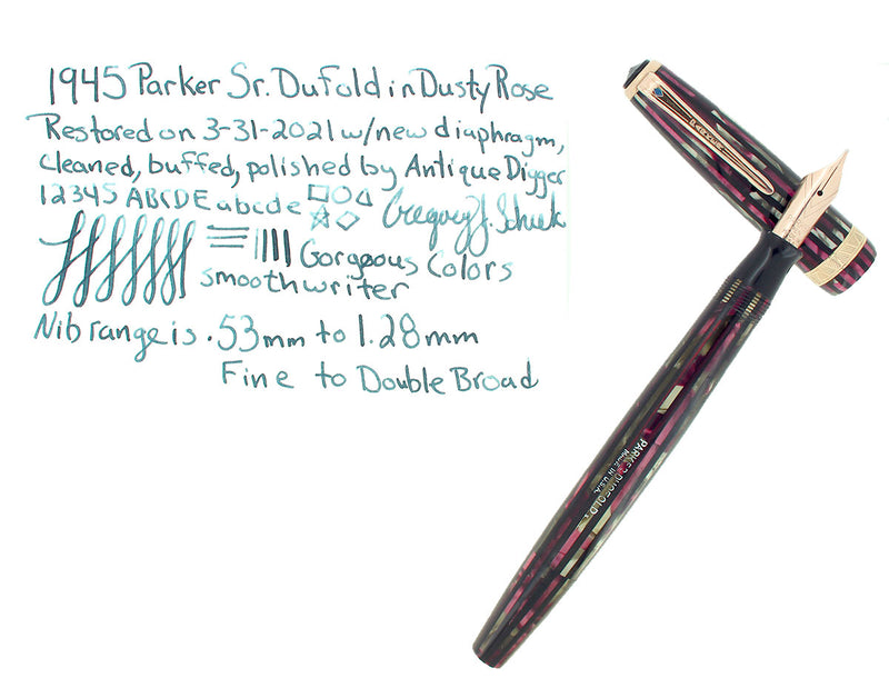 1945 PARKER STRIPED DUOFOLD SENIOR DUSTY ROSE BLUE DIAMOND FOUNTAIN PEN RESTORED OFFERED BY ANTIQUE DIGGER
