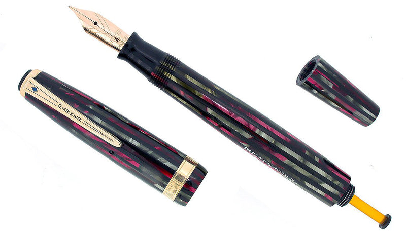 1945 PARKER STRIPED DUOFOLD SENIOR DUSTY ROSE BLUE DIAMOND FOUNTAIN PEN RESTORED OFFERED BY ANTIQUE DIGGER
