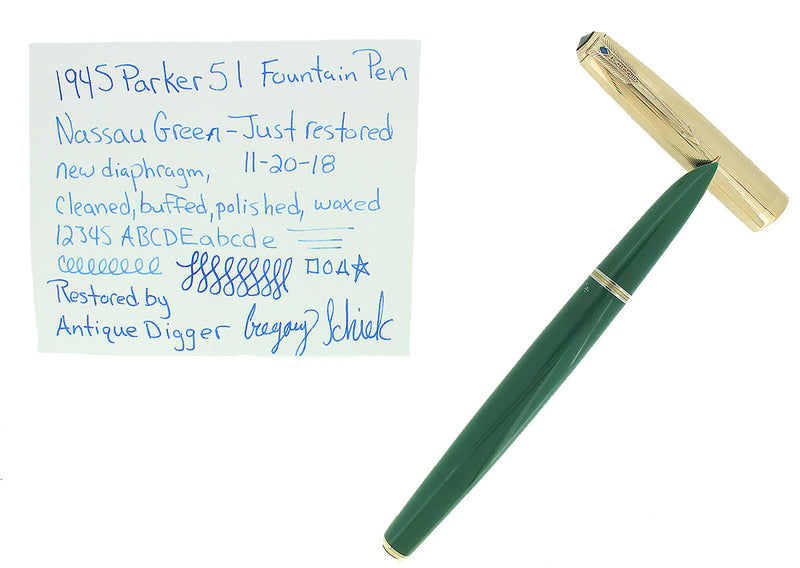 1945 PARKER 51 DOUBLE JEWEL NASSAU GREEN FOUNTAIN PEN RESTORED OFFERED BY ANTIQUE DIGGER