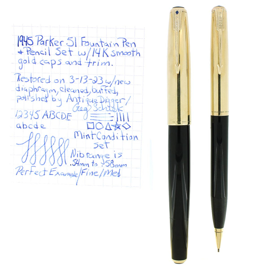 RARE 1945 PARKER 51 14K GOLD SMOOTH CAPS FOUNTAIN PEN AND PENCIL SET R