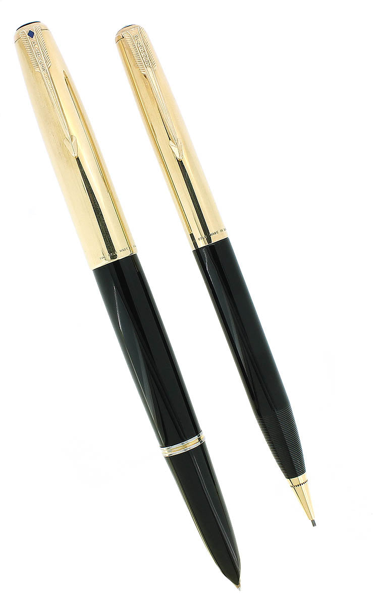 RARE 1945 PARKER 51 14K GOLD SMOOTH CAPS FOUNTAIN PEN AND PENCIL SET RESTORED MINT OFFERED BY ANTIQUE DIGGER