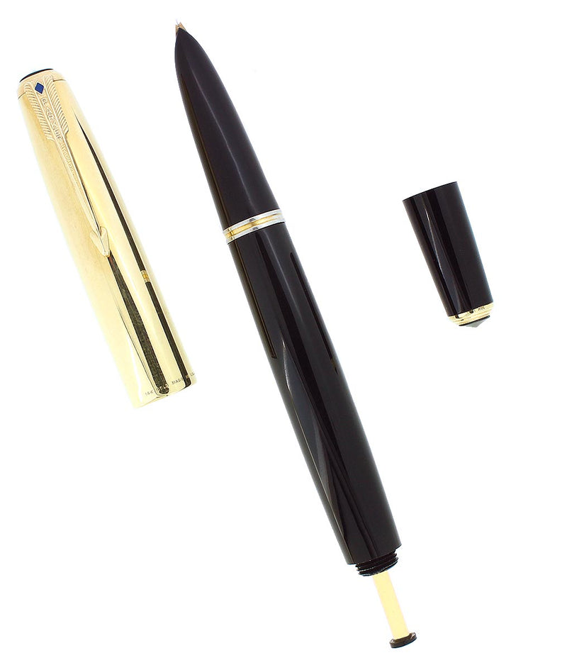 RARE 1945 PARKER 51 14K GOLD SMOOTH CAPS FOUNTAIN PEN AND PENCIL SET RESTORED MINT OFFERED BY ANTIQUE DIGGER