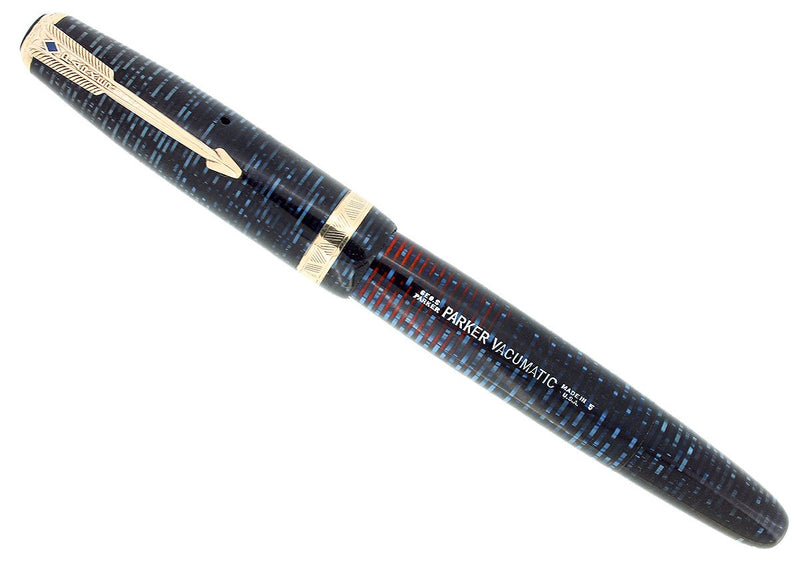 1945 PARKER VACUMATIC MAJOR AZURE BLUE PEARL FOUNTAIN PEN RESTORED VIBRANT COLOR OFFERED BY ANTIQUE DIGGER
