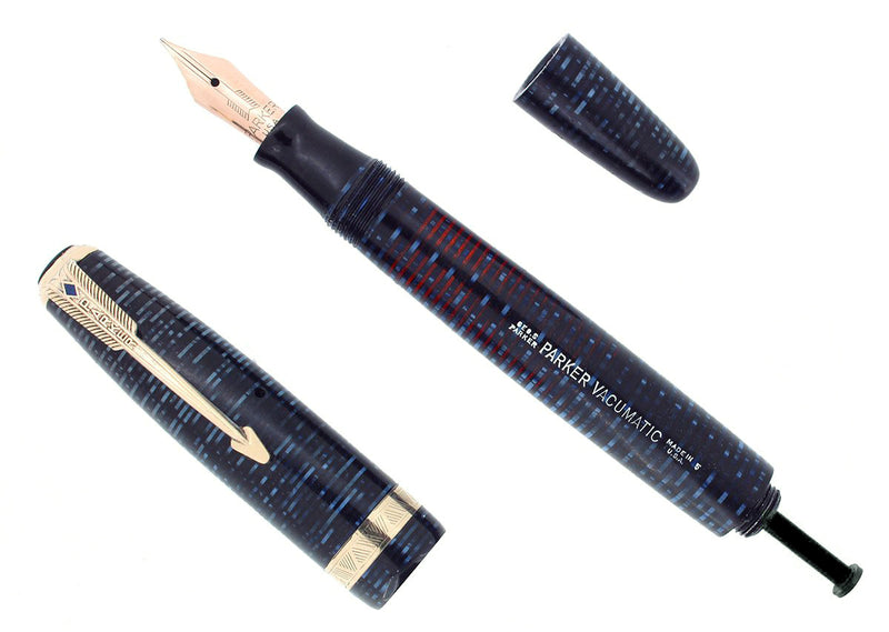 1945 PARKER VACUMATIC MAJOR AZURE BLUE PEARL FOUNTAIN PEN RESTORED VIBRANT COLOR OFFERED BY ANTIQUE DIGGER