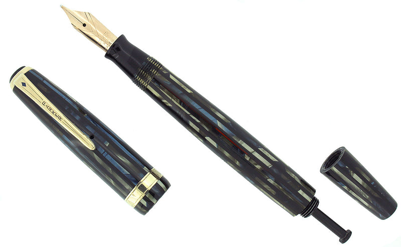 1946 PARKER SENIOR DUOFOLD STRIPED BLUE GRAY CELLULOID FOUNTAIN PEN RESTORED OFFERED BY ANTIQUE DIGGER