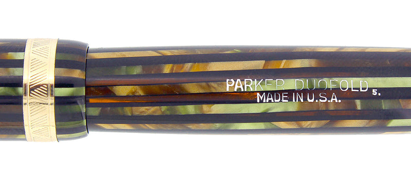 1945 PARKER SENIOR DUOFOLD GREEN GOLD CELLULOID FOUNTAIN PEN RESTORED OFFERED BY ANTIQUE DIGGER