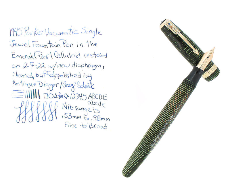 1945 PARKER VACUMATIC EMERALD PEARL MAJOR FOUNTAIN PEN RESTORED OFFERED BY ANTIQUE DIGGER