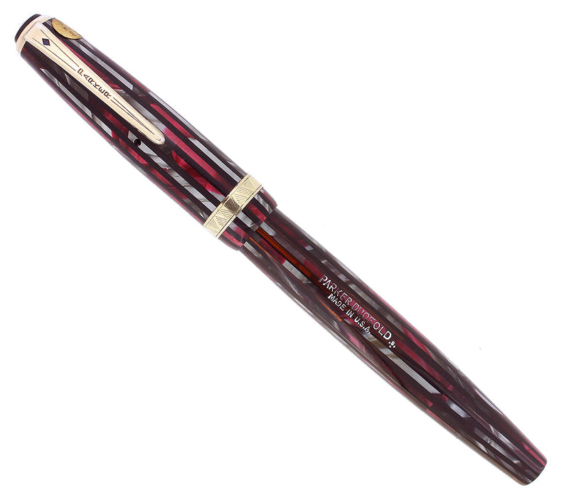 STICKERED 1945 PARKER SENIOR DUSTY ROSE STRIPED DUOFOLD BLUE DIAMOND FOUNTAIN PEN RESTORED OFFERED BY ANTIQUE DIGGER