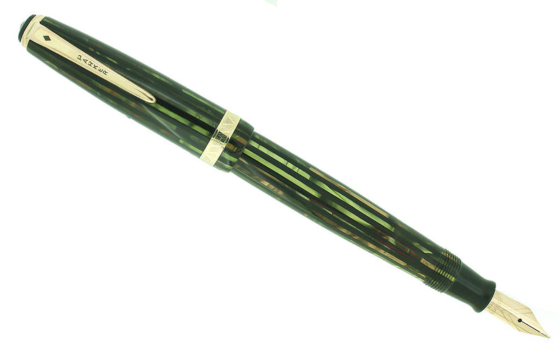 1945 PARKER SENIOR STRIPED DUOFOLD GREEN GOLD CELLULOID FOUNTAIN PEN RESTORED OFFERED BY ANTIQUE DIGGER