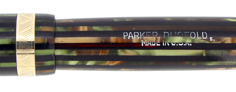 1945 PARKER SENIOR STRIPED DUOFOLD GREEN GOLD CELLULOID FOUNTAIN PEN RESTORED OFFERED BY ANTIQUE DIGGER
