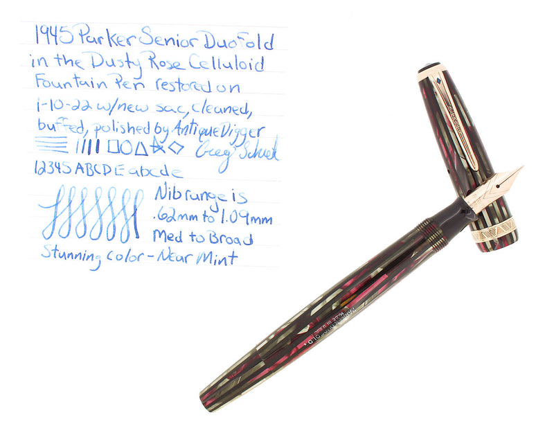 1945 PARKER STRIPED DUOFOLD SENIOR DUSTY ROSE BLUE DIAMOND FOUNTAIN PEN RESTORED OFFERED BY ANTIQUE DIGGER