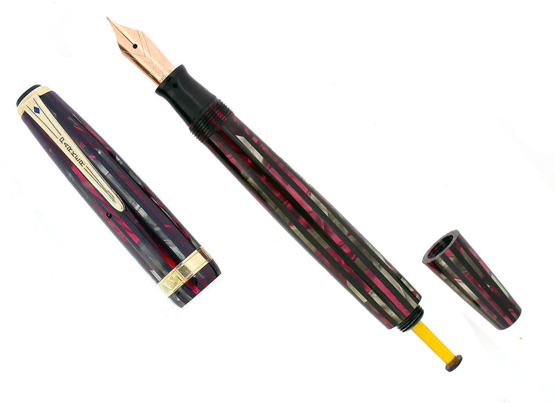 1945 SENIOR PARKER DUOFOLD STRIPED DUSTY ROSE CELLULOID FOUNTAIN PEN RESTORED OFFERED BY ANTIQUE DIGGER