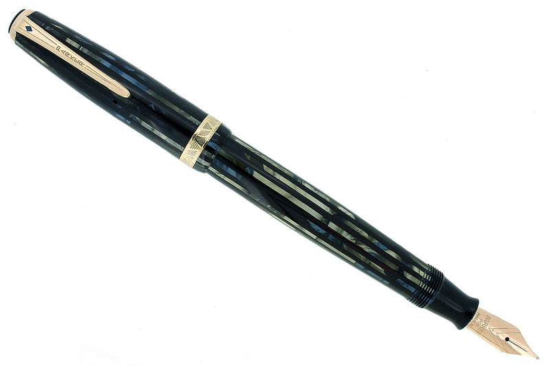 1945 PARKER SENIOR STRIPED DUOFOLD BLUE GRAY CELLULOID FOUNTAIN PEN RESTORED OFFERED BY ANTIQUE DIGGER