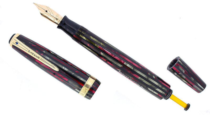 1945 PARKER SENIOR DUOFOLD STRIPED DUSTY ROSE CELLULOID FOUNTAIN PEN RESTORED OFFERED BY ANTIQUE DIGGER