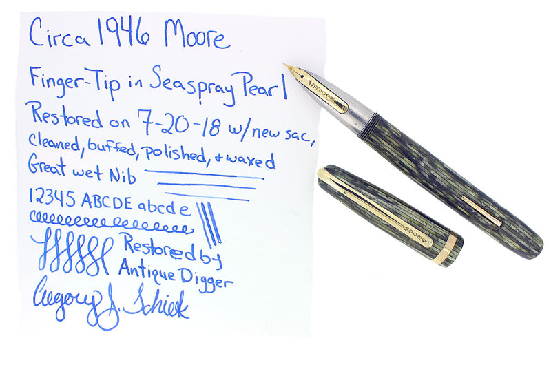 CIRCA 1946 MOORE 96B FINGERTIP FOUNTAIN PEN SEASPRAY PEARL CELLULOID RESTORED OFFERED BY ANTIQUE DIGGER