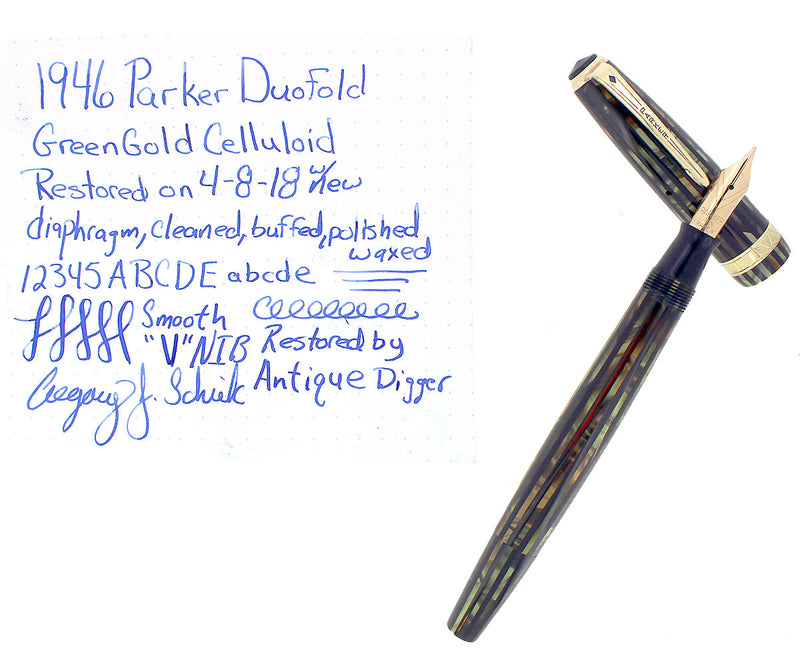 RESTORED 1946 PARKER DUOFOLD SENIOR FOUNTAIN PEN GREEN GOLD CELLULOID WITH V NIB OFFERED BY ANTIQUE DIGGER