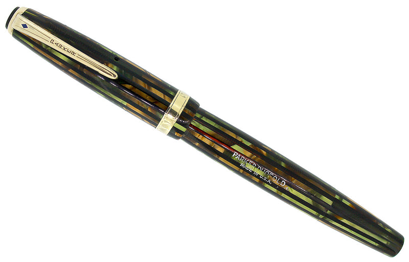 1946 PARKER STRIPED SENIOR DUOFOLD GREEN GOLD CELLULOID FOUNTAIN PEN RESTORED OFFERED BY ANTIQUE DIGGER