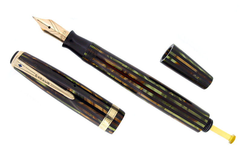 1946 PARKER STRIPED SENIOR DUOFOLD GREEN GOLD CELLULOID FOUNTAIN PEN RESTORED OFFERED BY ANTIQUE DIGGER